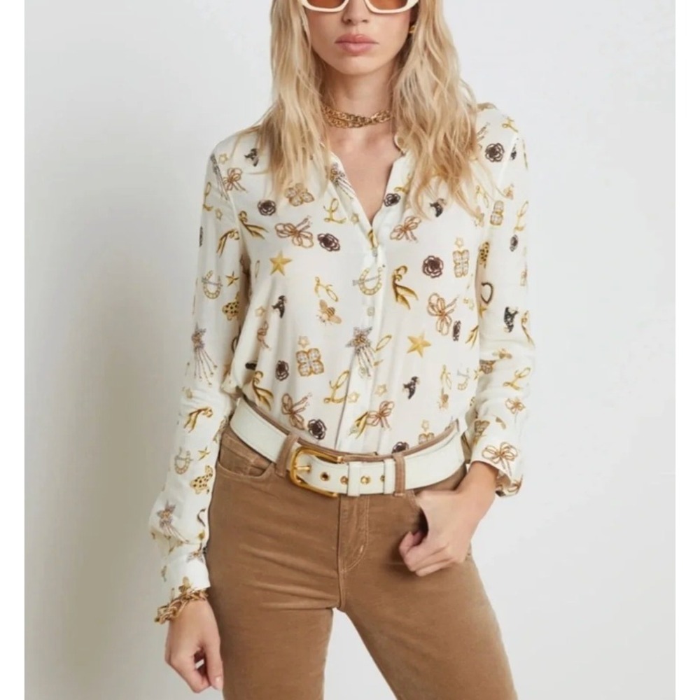 L'AGENCE Holly Ecru Multi Print Silk Feel Blouse S Long Sleeve Designer